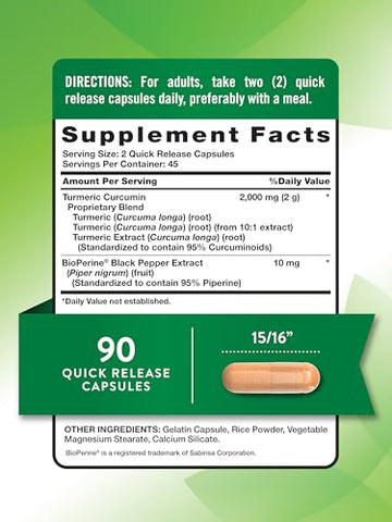 Nature's Truth - Cápsulas de Curcuma Curcumin da Nature’s Truth | 2000mg | 90 Unidades | com 95%% de Curcuminoides Padronizados e Bioperina | Suplemento Livre de OGM e Glúten