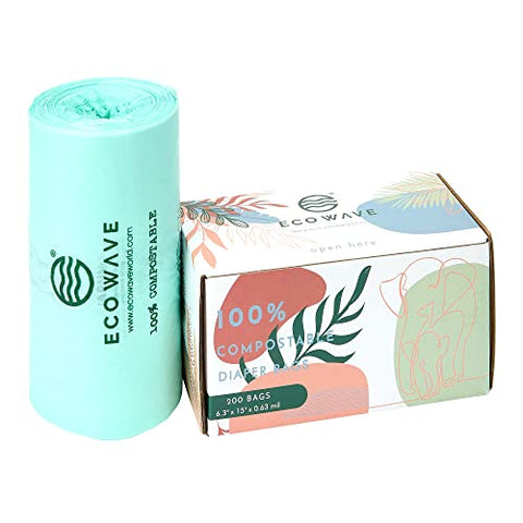 Eco Wave - Bolsas Descartáveis para Fraldas de Bebê Biodegradáveis, 100% Compostáveis, 200 unidades, Certificadas ASTM D6400, EN 13432, US BPI e Europe OK Compost Home