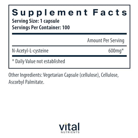 NAC 600mg | N-Acetilcisteína | Suplemento Vegano NAC | Antioxidante para Saúde Sinusal, Hepática, Imunológica e Respiratória | Livre de Glúten, Laticínios e Soja | 100 Cápsulas - Vital Nutrients