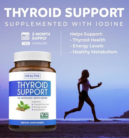 Healths Harmony - Thyroid Support with Iodine – 120 Cápsulas (Non-GMO) Aumente sua Energia – Raiz de Ashwagandha, Zinco, Selênio, Complexo de Vitamina B12 – Suplemento para Saúde da Tireoide para Mulheres e