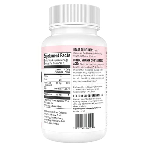 Left Coast Performance - Colágeno em Cápsulas com Biotina, Ácido Hialurônico, Vitamina C. Peptídeos de Colágeno Hidrolisado Multi Tipo I, II, III, V, X. Para Pele, Cabelo, Unhas e Saúde das Articulações