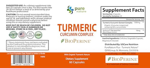 PureNature Plus - PureNature Cúrcuma Curcumina com BioPerine – Turmeric Natureza – 60 cápsulas – 100% natural e potente antioxidante