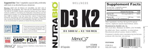 Vitamina D3 K2 | 5000 UI D3 como Colecalciferol com Vitamina K2 como MENA-Q MK7 (180mcg) | Suporte à Saúde Óssea e Cardíaca | Livre de OGM, Sem Glúten, Sem Lactose | 60 Cápsulas Vegetais - NutraBio
