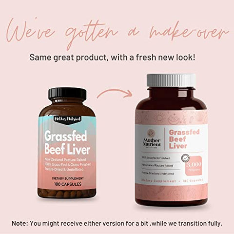 Cápsulas de Fígado Bovino 100% Alimentado com Grama, proveniente de Gado Criado em Pasto na Nova Zelândia — Vitaminas A e B12 com Ferro, Proteína e Mais — Suprimento de 45 Dias (180 Cápsulas) - Mother Nutrient