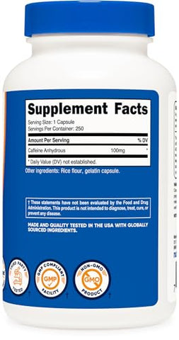 Cápsulas de Cafeína 100mg por Porção, 250 Cápsulas – Energia e Desempenho - Nutricost