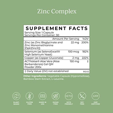 Zinc Complex – Suplemento de Zinco de Alta Absorção com Cobre – Picolinato de Zinco, Monometionina de Zinco – 60 cápsulas - CYMBIOTIKA