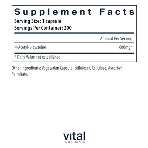 NAC 600mg | N-Acetilcisteína | Suplemento Vegano de NAC | Antioxidante para Saúde Sinusal, Hepática, Imunológica e Respiratória | Livre de Glúten, Laticínios e Soja | 200 Cápsulas - Vital Nutrients
