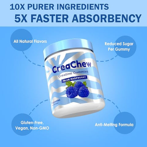 CreaChew - Gummies de Creatina Monohidratada Melhorada com 5g, Veganos, Sem Glúten, Não-OGM, Sabor Framboesa Azul – Gummies de Creatina Monohidratada para Homens e Mulheres