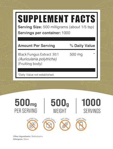 Black Fungus Mushroom Extract Powder – Wood Ear Mushrooms Powder, 500mg por Porção, 500g (1.1 lbs) (Embalagem de 1) | BulkSupplements.com
