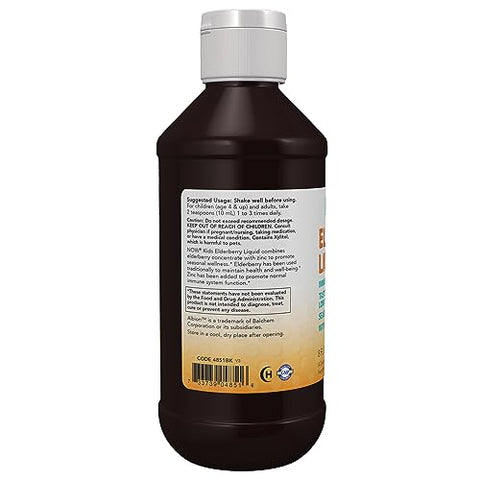 NOW Foods - NOW Supplements, Xarope de Sabugueiro Líquido para Crianças com Zinco e Astrágalo, Suporte Imunológico, 240 ml, embalagem pode variar