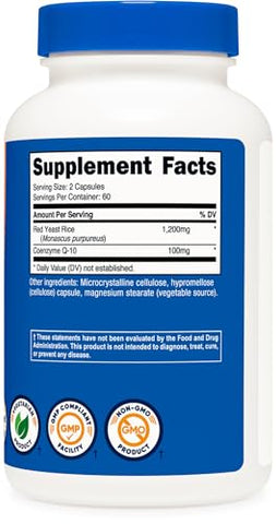 Red Yeast Rice com CoQ10 1300mg, 120 Cápsulas, 60 Porções – Sem OGM, Sem Glúten - Nutricost