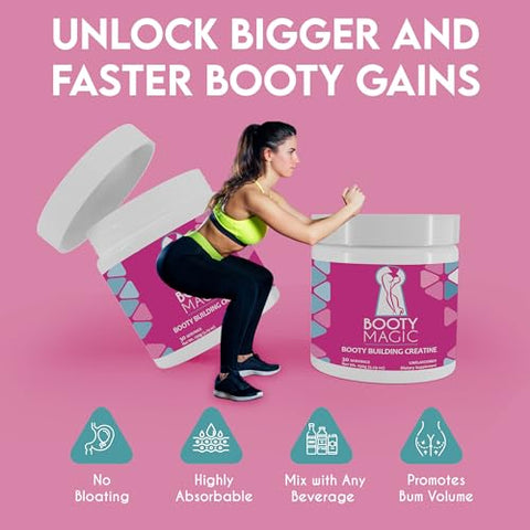 Booty Magic - Creatina para Construção de Glúteos – Revelando Ganhos de Glúteos e Crescimento Muscular para Mulheres, Micronizada para Resultados Aumentados de Bumbum – 30 Porções