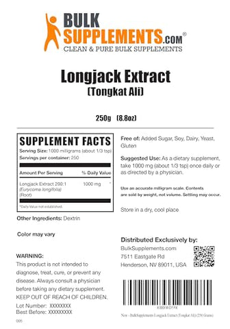 Longjack Extract Powder BulkSupplements.com – Tongkat Ali para Homens – Eurycoma Longifolia – Suporte à Libido (250g – 8.8oz)