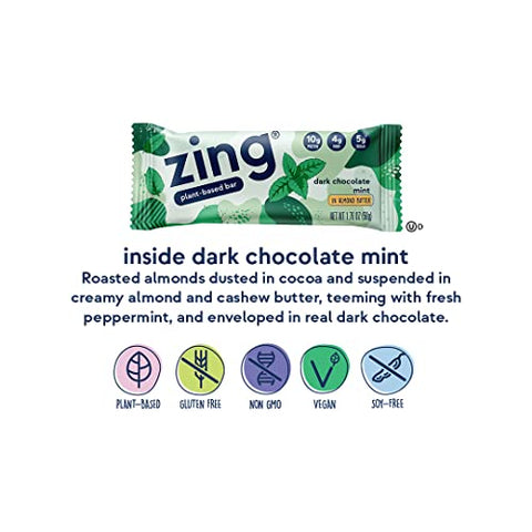 Barras de Proteína Vegana de Chocolate Amargo e Hortelã, Sem Glúten, Alto Teor de Proteína e Fibra, Nutrição Sem Laticínios, Proteína Vegetal, Kosher, Baixo Teor de Açúcar, Sem Álcoois Açucarados – 12 unidades - Zing