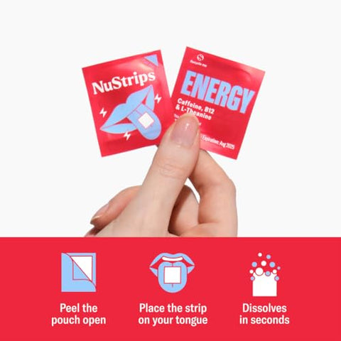 NuStrips - Energia Natural | Tiras Energéticas Instantâneas com 50mg de Cafeína, L-Teanina, Vitamina B12 | 30 Tiras Energéticas = 30 Bebidas Energéticas | Absorção 5X Mais Rápida