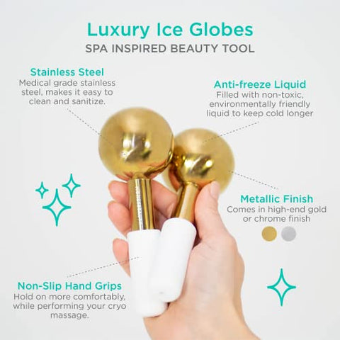 MonétBeauty - Globos de Gelo em Aço Inoxidável para Faciais (Dourado), Duráveis e Instantaneamente Reduzem Inchaço, Fecham Poros e Aliviam Sinusite, Globos Faciais para Massagens e Beleza Diária