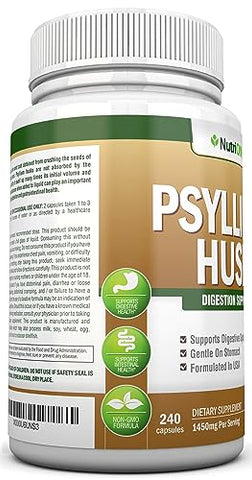 NutriONN - Cápsulas de Psyllium Husk – 1450mg Por Porção – 240 Cápsulas – Dupla Potência – Suplemento Premium de Fibra de Psyllium – Ótimo para Digestão e Regularidade – 100% Fibra Solúvel Natural