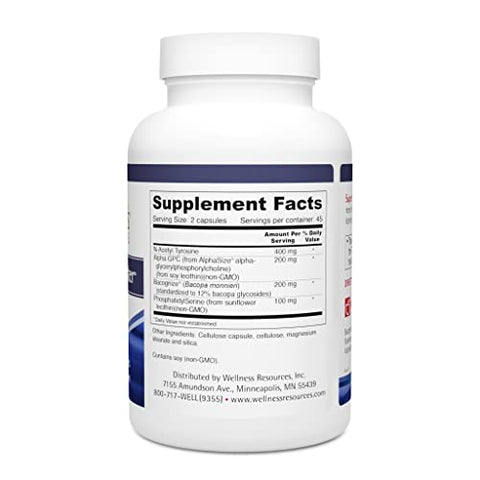 Super Brain Booster com Fosfatidilserina, N-Acetil Tirosina, Alpha GPC e Bacopa para Clareza Mental, Foco e Memória (90 Cápsulas) - Wellness Resources