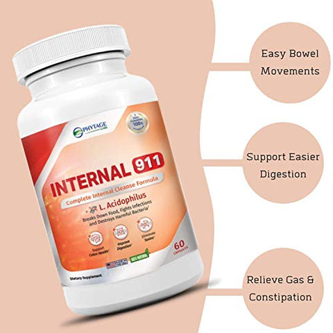 Phytage Labs - Internal 911 – Suplemento Detox para Limpeza do Cólon – Laxante Natural Elimina Toxinas para Melhor Digestão e Pele Radiante – 60 Cápsulas