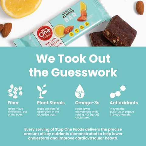 Barra de Limão e Amêndoa Step One Foods, Lanche Saudável para o Coração com Esterois Vegetais, Ômega 3 e Fibra Alimentar, Sem Glúten, Vegano, Granola (12 Unidades)