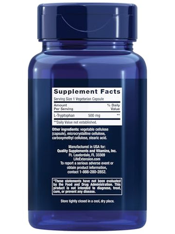 L-Tryptophan 500 mg – Promove Níveis Saudáveis de Serotonina e Melhora o Sono, Humor e Resposta ao Estresse - Life Extension