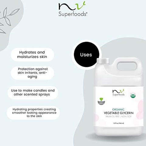 NV Superfoods - Glicerina Vegetal Orgânica – 946 ml – Grau Alimentício USP, 100% Natural, Veículo para Óleos Essenciais, Ideal para Pele e Cabelo