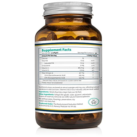 Rosita Real Foods - Óleo de Fígado de Bacalhau Extra Virgem Rosita – Cápsulas Softgels 100% Puro e Natural – Alta Qualidade – 120 Cápsulas