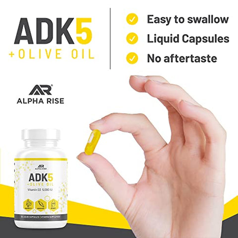 ALPHA RISE - ADK Suplemento de Vitamina em Óleo de Oliva para Melhor Absorção | ADK 5 Suplemento com Vitamina A D e K | 5000 UI de Vitamina D3 K2 (MK7 MK4) | 90 Cápsulas Líquidas | Vegetariano |