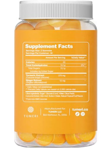 TUMERI - Gummies de Cúrcuma e Gengibre – Suporte Articular com Curcumina – 60 Unidades de Gummies Veganos com Sabor Natural de Frutas Tropicais – Embalagem com 2 Unidades
