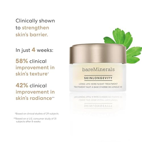 bareMinerals Skinlongevity Tratamento Noturno para o Rosto com Erva da Longevidade, Niacinamida e Gel-Creme Anti-Envelhecimento – Fortalece a Barreira da Pele – Vegano