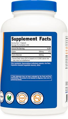 Choline Bitartrate 650mg – 240 Cápsulas Vegetarianas – Livre de OGM, Amigável para Vegetarianos, Sem Glúten - Nutricost