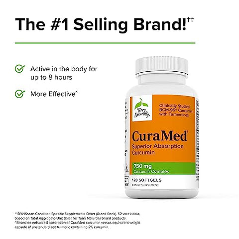 CuraMed 750 mg Complexo de Curcumina – 120 Softgels – Absorção Superior BCM-95 – Não-OGM, Sem Glúten, Halal – 120 Porções - Terry Naturally