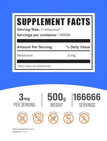 com Melatonina em Pó – Suplemento para Dormir, Melatonina para Adultos, 3 mg de Melatonina – Vegana, Pura - BulkSupplements