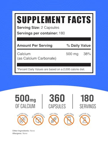com Cápsulas de Carbonato de Cálcio – Suplemento de Carbonato de Cálcio, 500mg de Cálcio – Suplemento de Cálcio, Sem Glúten, 2 Cápsulas por Porção, 360 Cápsulas - BulkSupplements