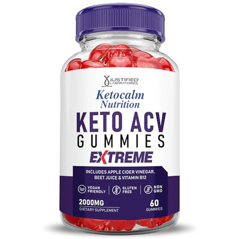 Justified Laboratories - Ketocalm Nutrition Gummies Extreme 2000MG ACV Keto Calm Nutrition Apple Cider Vinegar Pomegranate Beet Juice Powder B12 Vegan Non GMO 60 Gummys