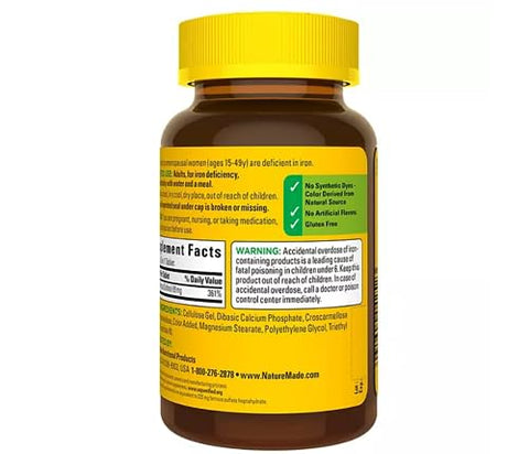 Ferro 65 mg (Sulfato Ferroso) Comprimidos para Formação de Glóbulos Vermelhos (365 un.) - Nature Made
