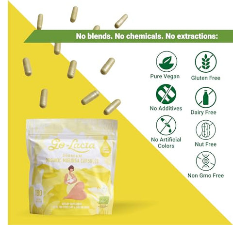 Go-Lacta - Cápsulas Premium de Moringa 100% Orgânica para Amamentação – Aumente a Produção de Leite Materno – Saúde para Mamãe e Bebê – Aumente a Produção de Leite Materno