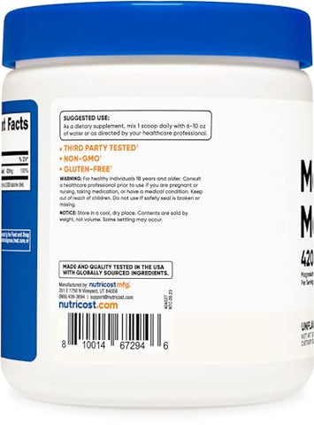 Magnesium Malate em Pó (300g) – 420mg de Magnésio por Porção – Livre de Transgênicos, Sem Glúten - Nutricost