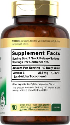 Vitamina E 400 UI Cápsulas Softgels | 250 Unidades | Fonte Natural | Livre de Transgênicos e Glúten - Carlyle