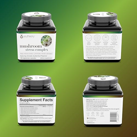 Mushroom Stress Complex – Cogumelo Orgânico de Espectro Completo com L-Teanina, Reduz o Estresse e Promove Calma Mental, 60 Cápsulas Vegetarianas - Youtheory