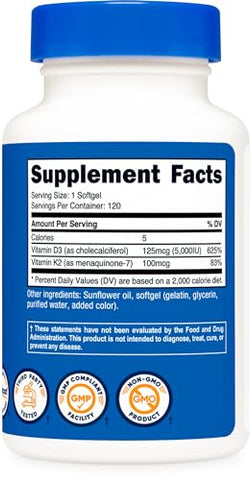 Vitamina K2 (MK7) (100mcg) Vitamina D3 (5000 UI) 120 Softgels – Livre de Glúten e Não-OGM - Nutricost