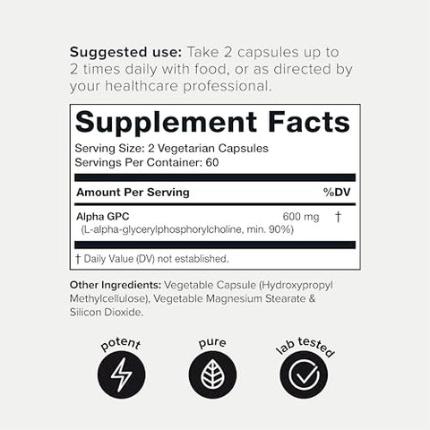 Alpha GPC Capsules Ultra Pura – Fórmula Concentrada de 600mg – Nootrópico Altamente Purificado e Bioacessível – 120 Cápsulas - Toniiq