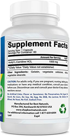 Best Naturals - Melhor Naturals Acetyl L-Carnitina 1000 mg 60 Cápsulas (60 Unidades – Pacote com 3) – Aumente sua energia e metabolismo!