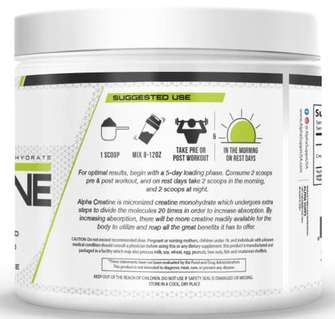 Alpha Supps - Pó de Creatina Monohidratada Micronizada – 5g por Porção, Sem Sabor – Auxilia no Ganho Máximo de Massa Muscular, Indicado para Homens