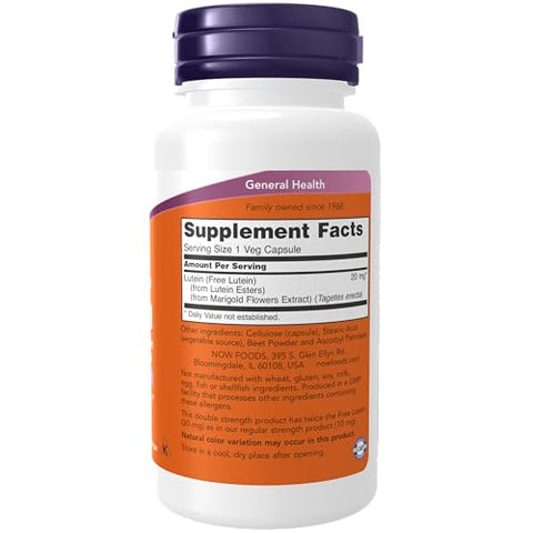 Lutein 20 mg – 90 Cápsulas Vegetais com 20 mg de Luteína Livre de Ésteres de Luteína - NOW Foods
