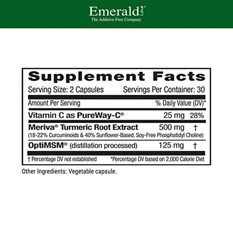Meriva Turmeric Plus – Turmeric, OptiMSM e PureWay C – Propriedades Antioxidantes – Sem Glúten, Vegano, Não-OGM – 60 Cápsulas Vegetais - EMERALD LABS
