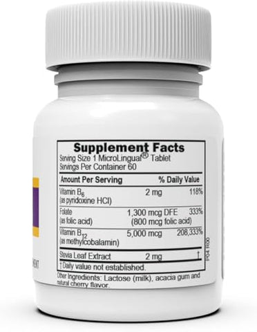 Vitamina B12 Methylcobalamin (5000 mcg), B6, Ácido Fólico, Comprimidos Sublinguais de Dissolução Rápida, 60 un, Aumenta Energia, Coração Saudável, Estimula Metabolismo - Superior Source