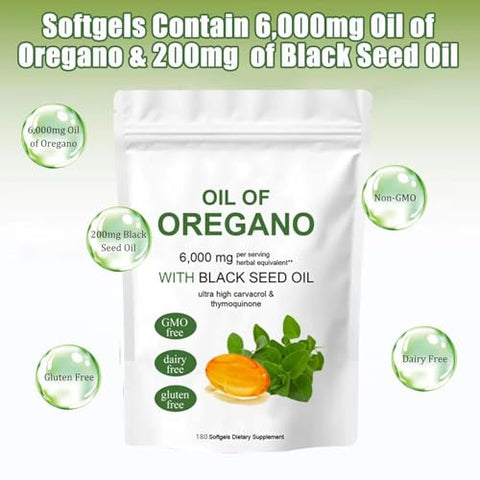 podafu - Óleo de Orégano Softgels 2 em 1, Cápsulas de Óleo de Orégano Orgânico, 6000 mg de Óleo de Orégano e 200 mg de Óleo de Semente de Nigela, Não-OGM