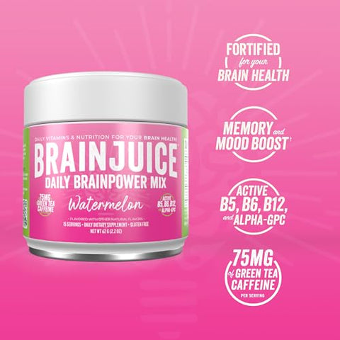 Suplemento de Suporte Cerebral com Nootrópicos, Pó sem Glúten para Energia e Foco, Mistura para Bebida com L Teanina, Alpha GPC, Vitamina B, Extrato de Chá Verde Orgânico com Cafeína, 100g - BrainJuice