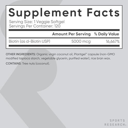 Vegan Biotin 5000mcg com Óleo de Coco Orgânico – Biotina Extra Forte Vitamina B7 para Cabelos Mais Saudáveis - Sports Research